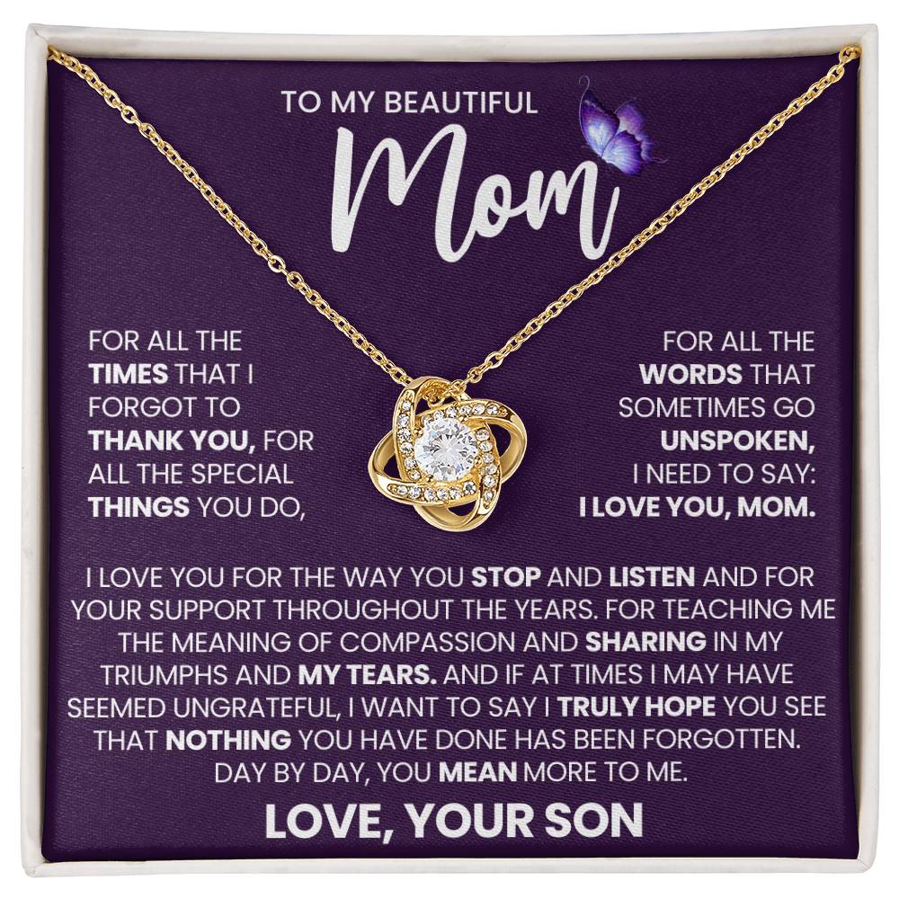 Mom Gift From Son, "Thank You", Knot Necklace