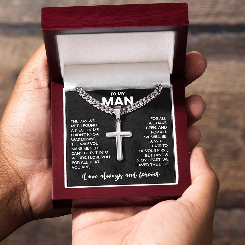 My Man Gift, "Always & Forever", Cuban Cross Necklace